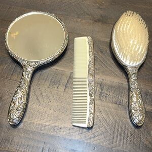 Vintage Silver Finish Vanity Mirror Brush Comb Set THREE PIECE BUNDLE